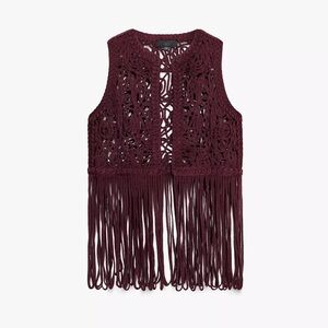 Zara Burgundy Crochet Fringe Vest